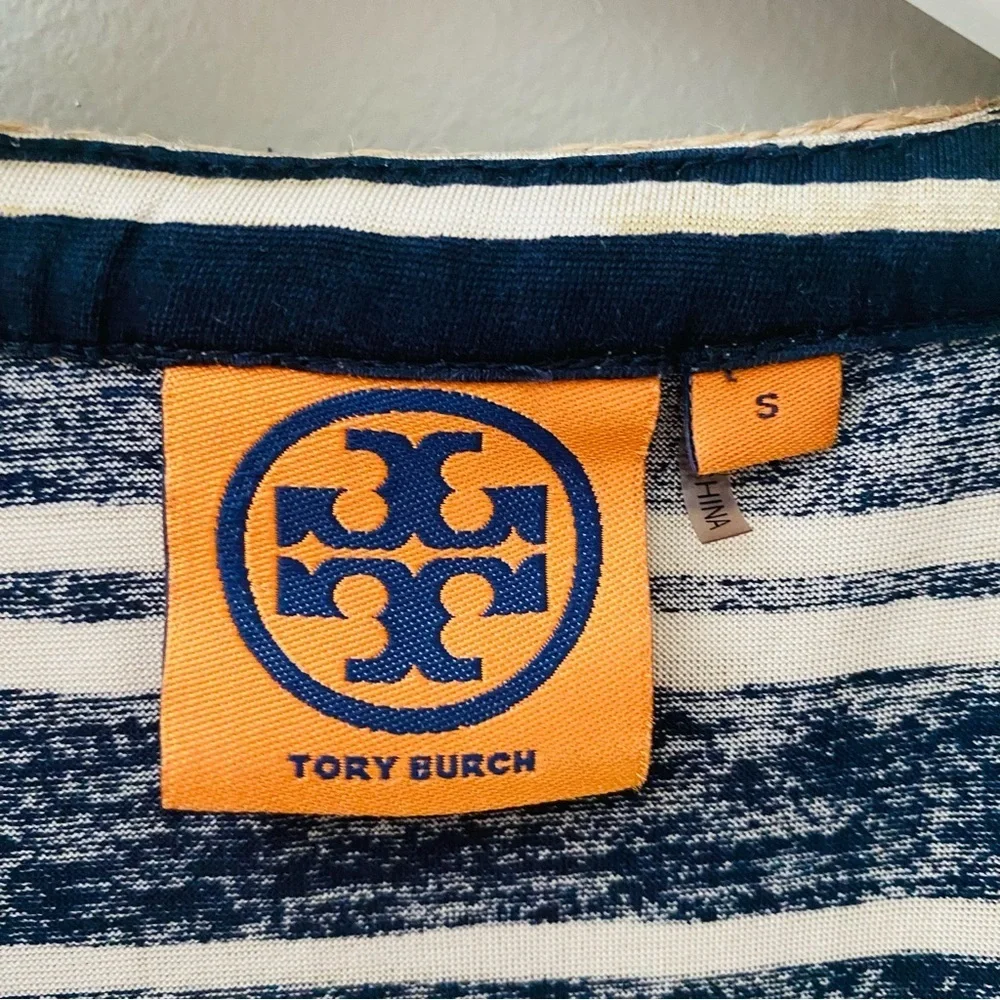 Tory Burch Striped V-Neck Top Navy Blue/Cream Sz Small